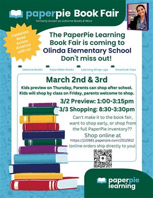 a flyer describing the times and locations for the Paperpie Book Fair March second and third